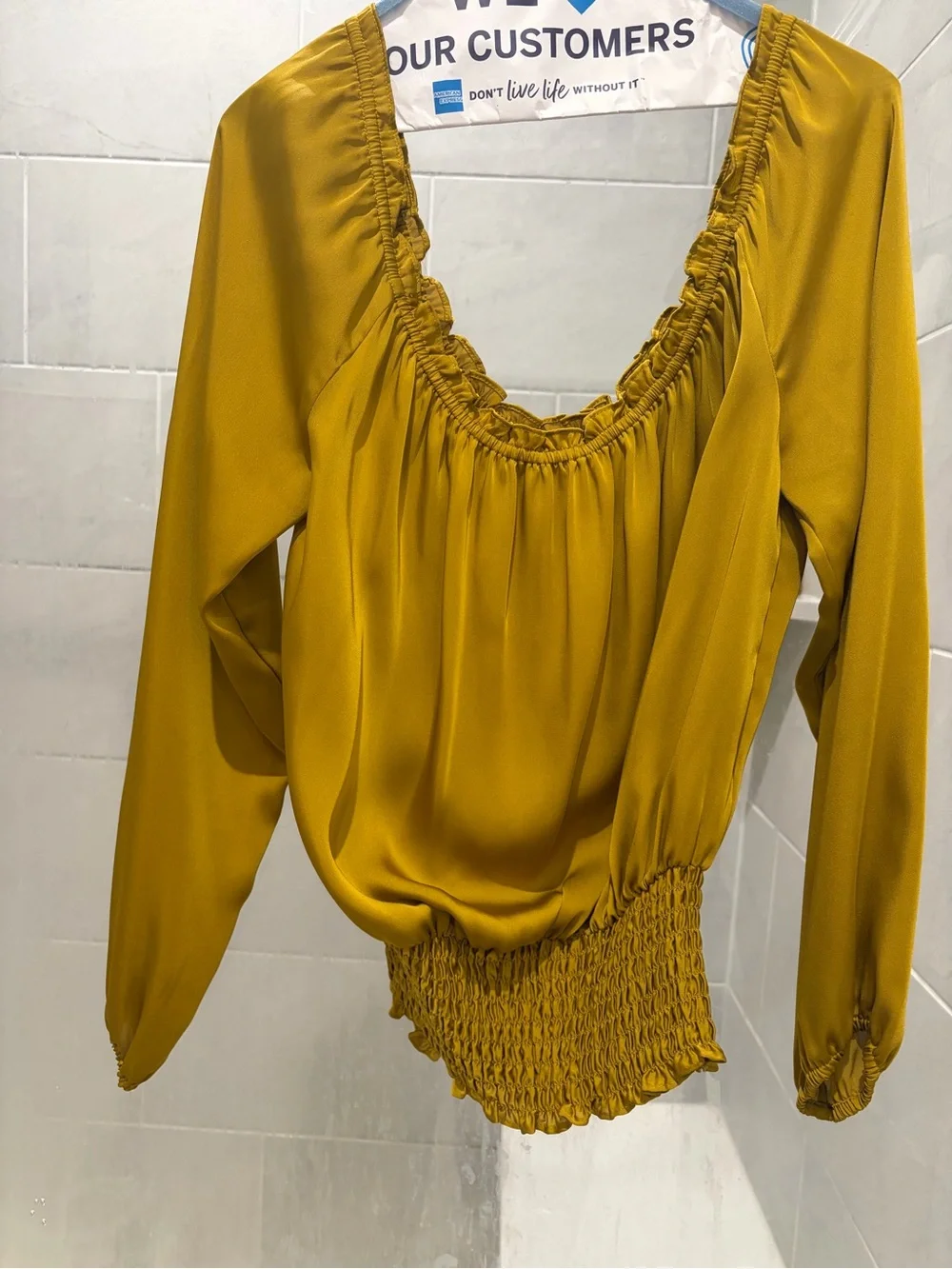 MICHAEL Michael Kors Mustard Yellow/Lime Green Smocked-Hem Long Sleeve Blouse